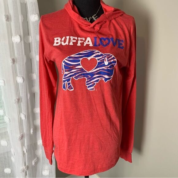 Bella Canvas Tops - Buffalo Bills red long sleeve woman’s hooded T-shirt with zebra Buffalo logo